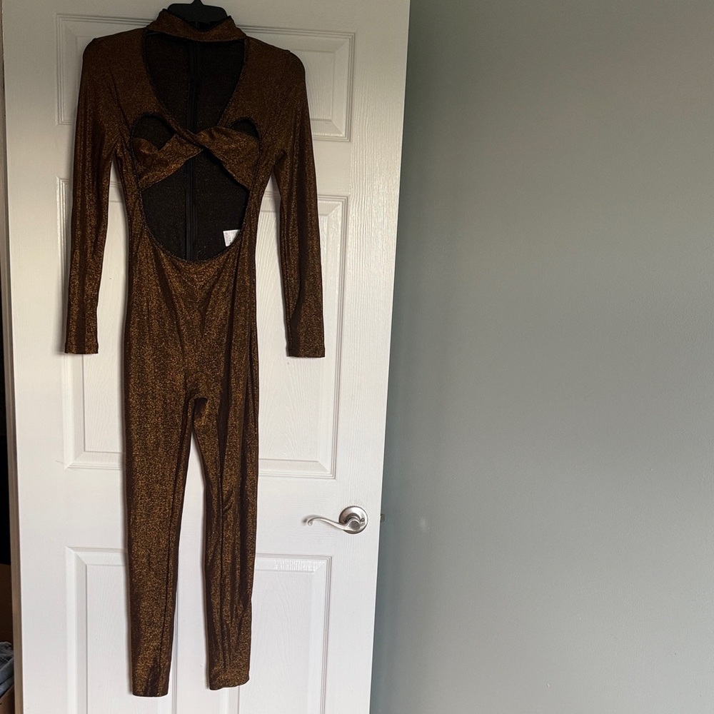 SHEIN Metallic Brown Cutout Jumpsuit